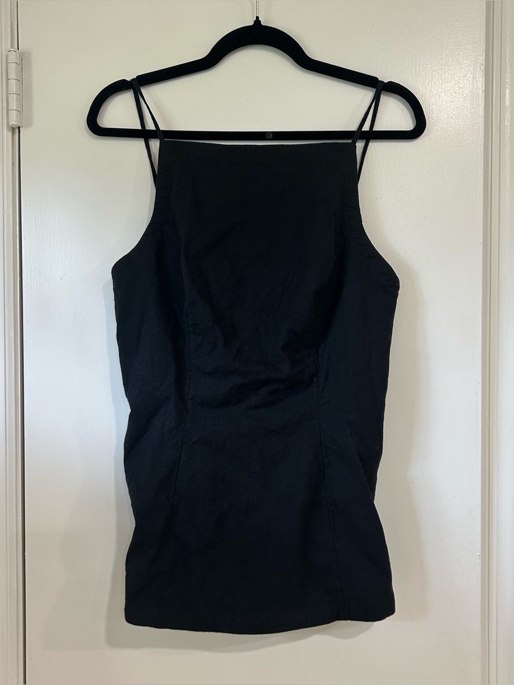 Maeve Anthropologie Black Linen Blend Square Neck Darted Tunic Chic Sz M